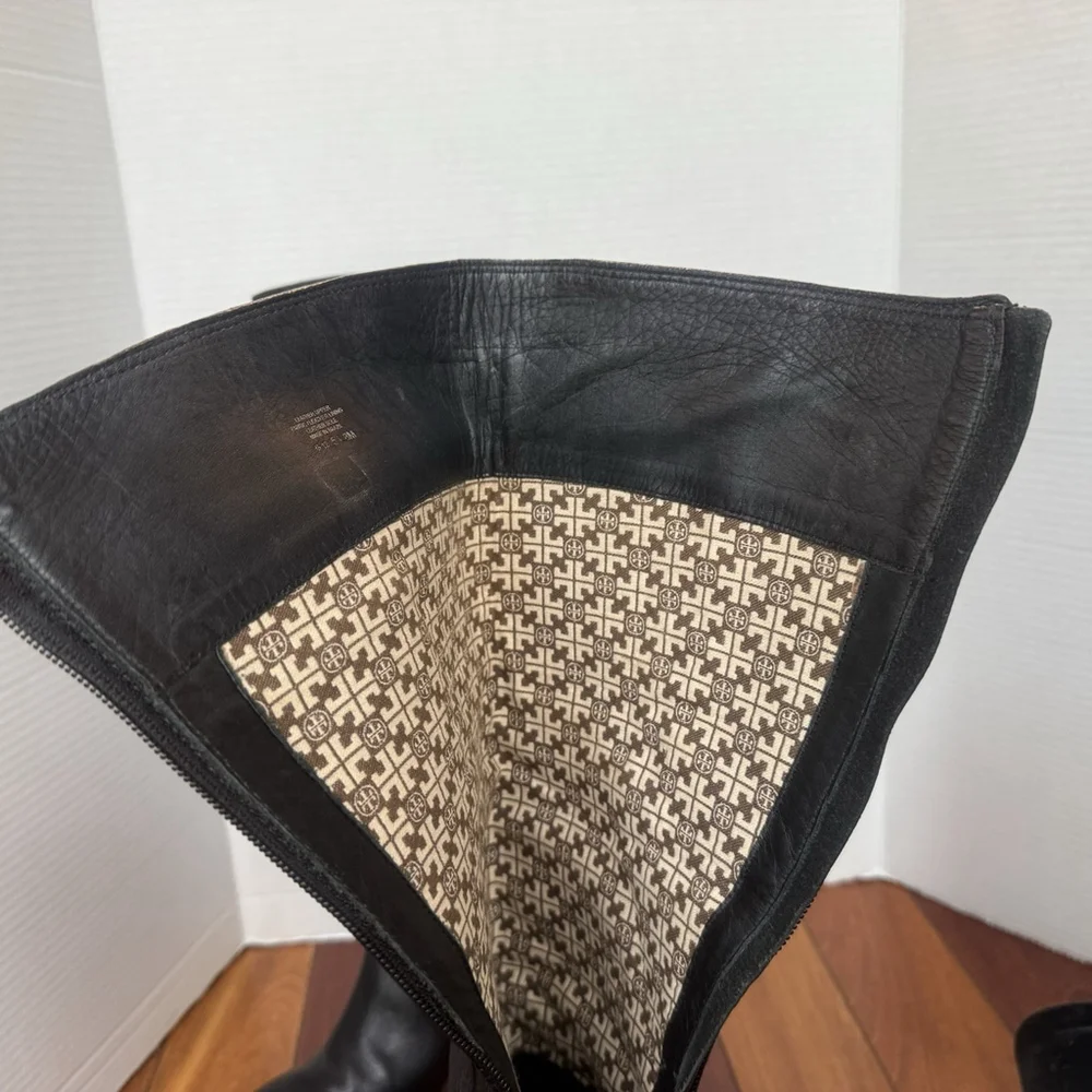 Tory Burch Jenna Leather Knee High Riding Boots Size:8 Black Square Toe